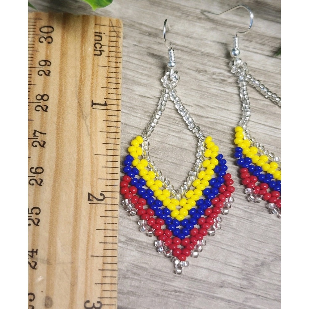 Handmade Seed Bead Earrings Colombia Flag Colors Boho Dangle Teardrop Jewelry - Picture 2 of 5